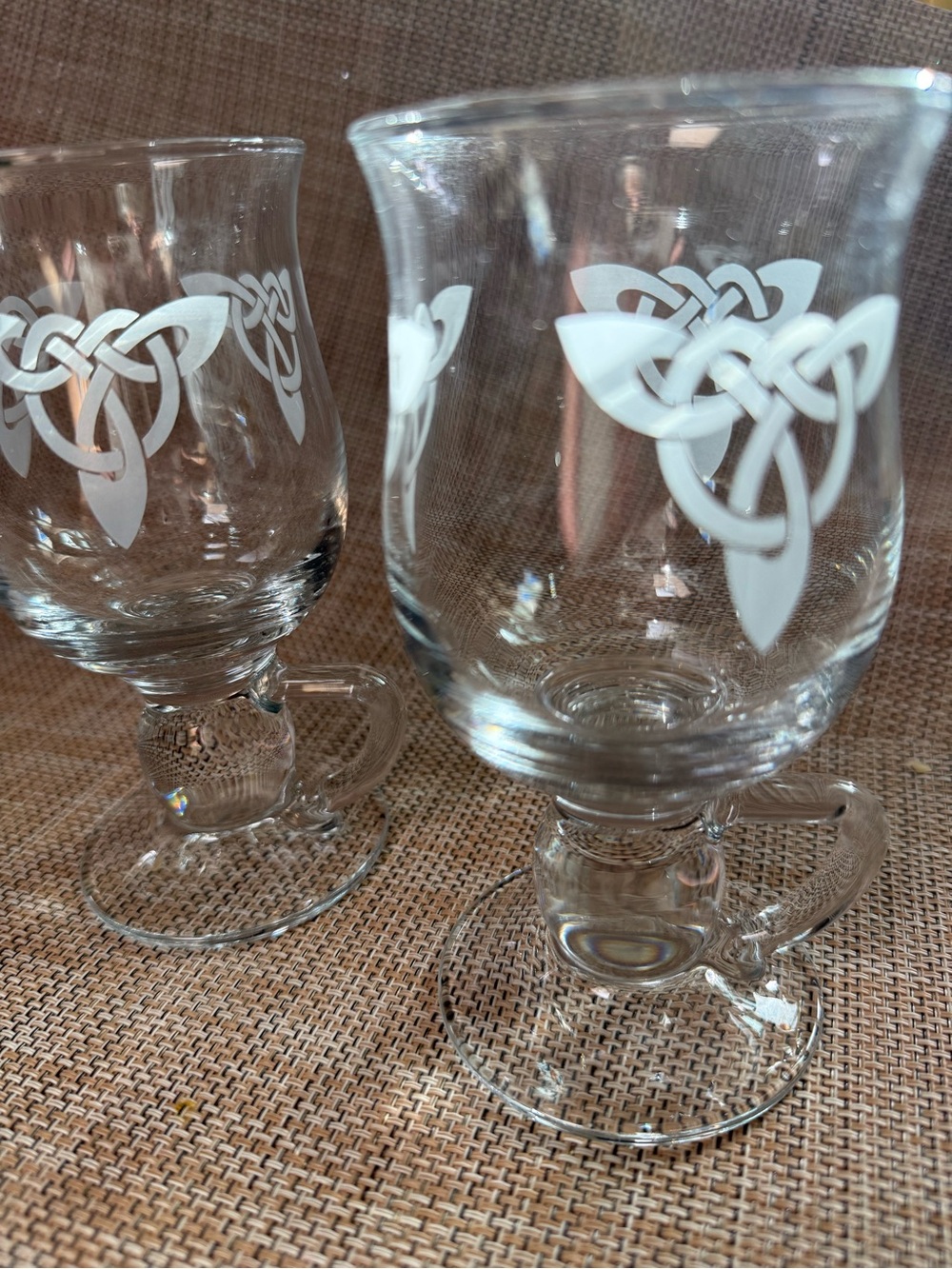 Set of 2 Etched Galway Celtic Knot Irish Coffee Mugs - Clear Crystal